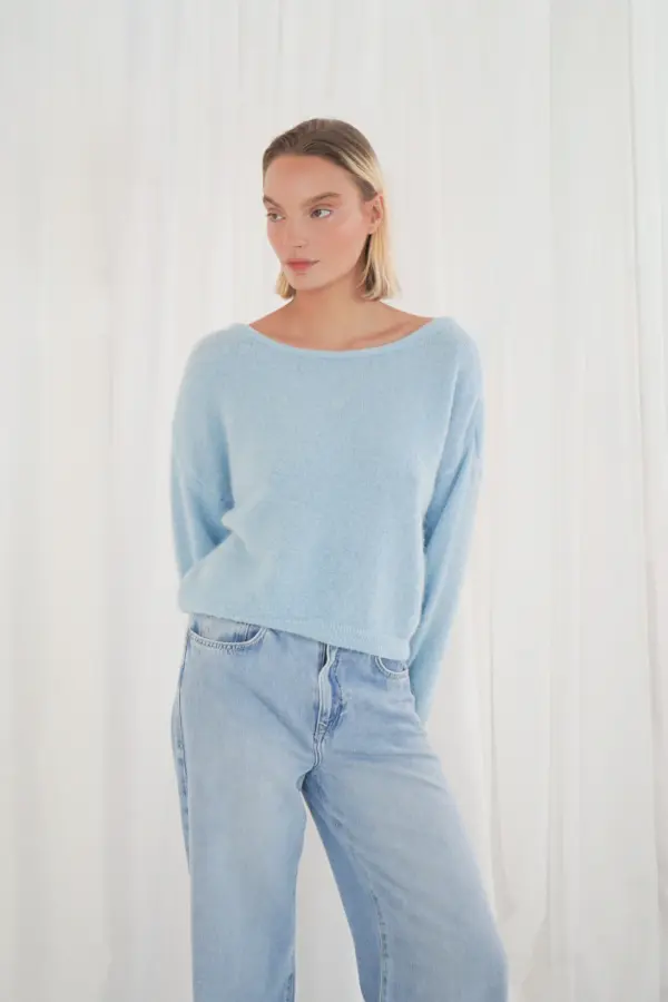 long puffed sleeves boat neck jumper - Blauw