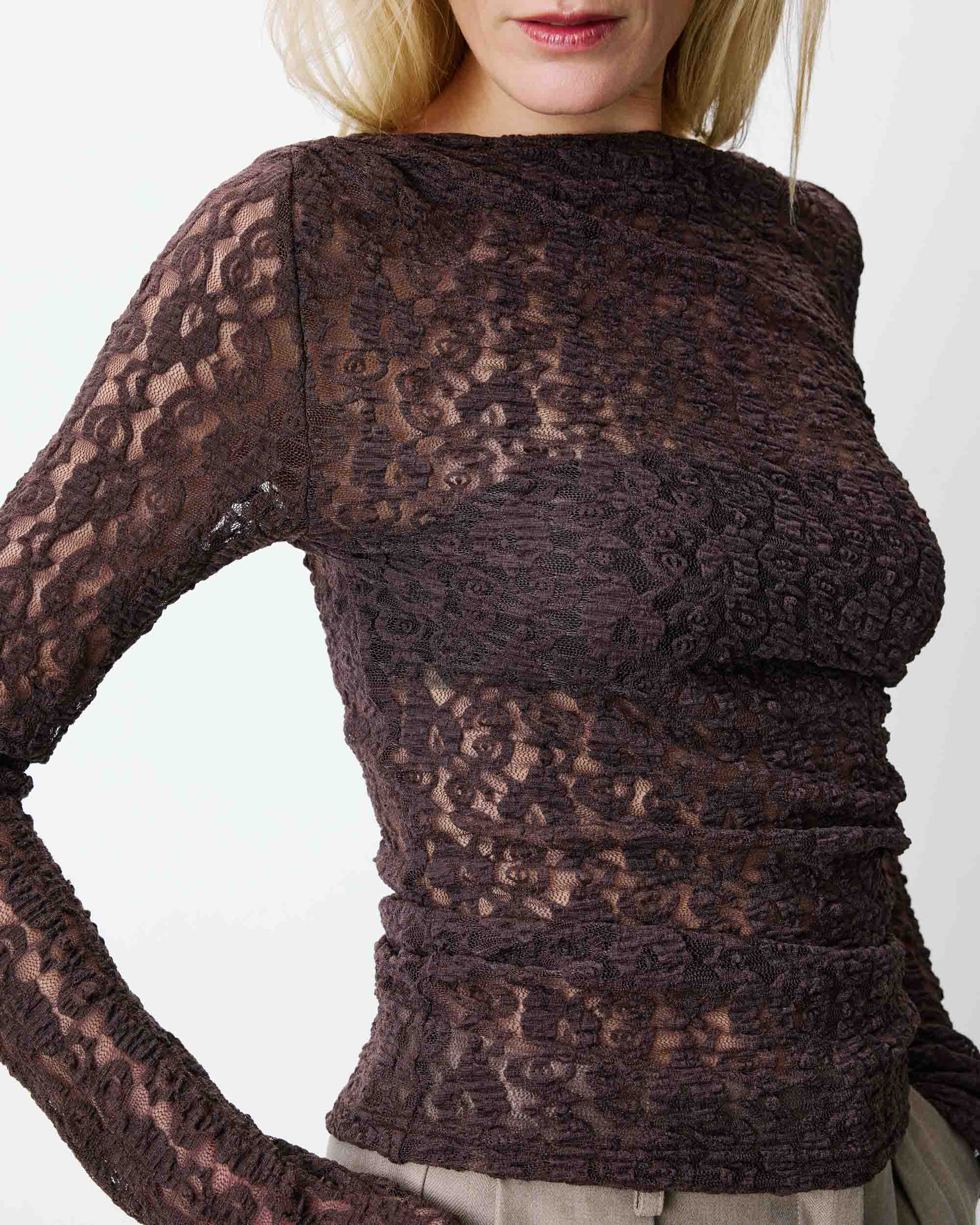 Longsleeve met plooi in taille van kant - Bruin - Afbeelding 2