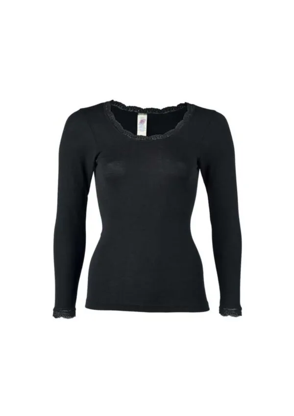 Shirt, long sleeved, with lace - Zwart