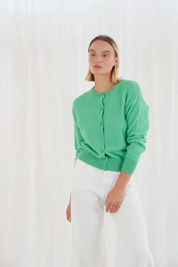 long-sleeved round-nec buttoned cardigan - Groen