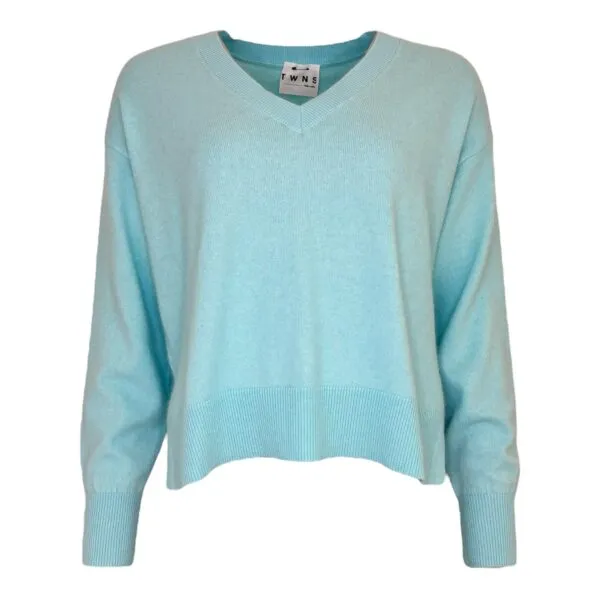 Long-Sleeved V-Neck Jumper With Slits - Aqua Blauw