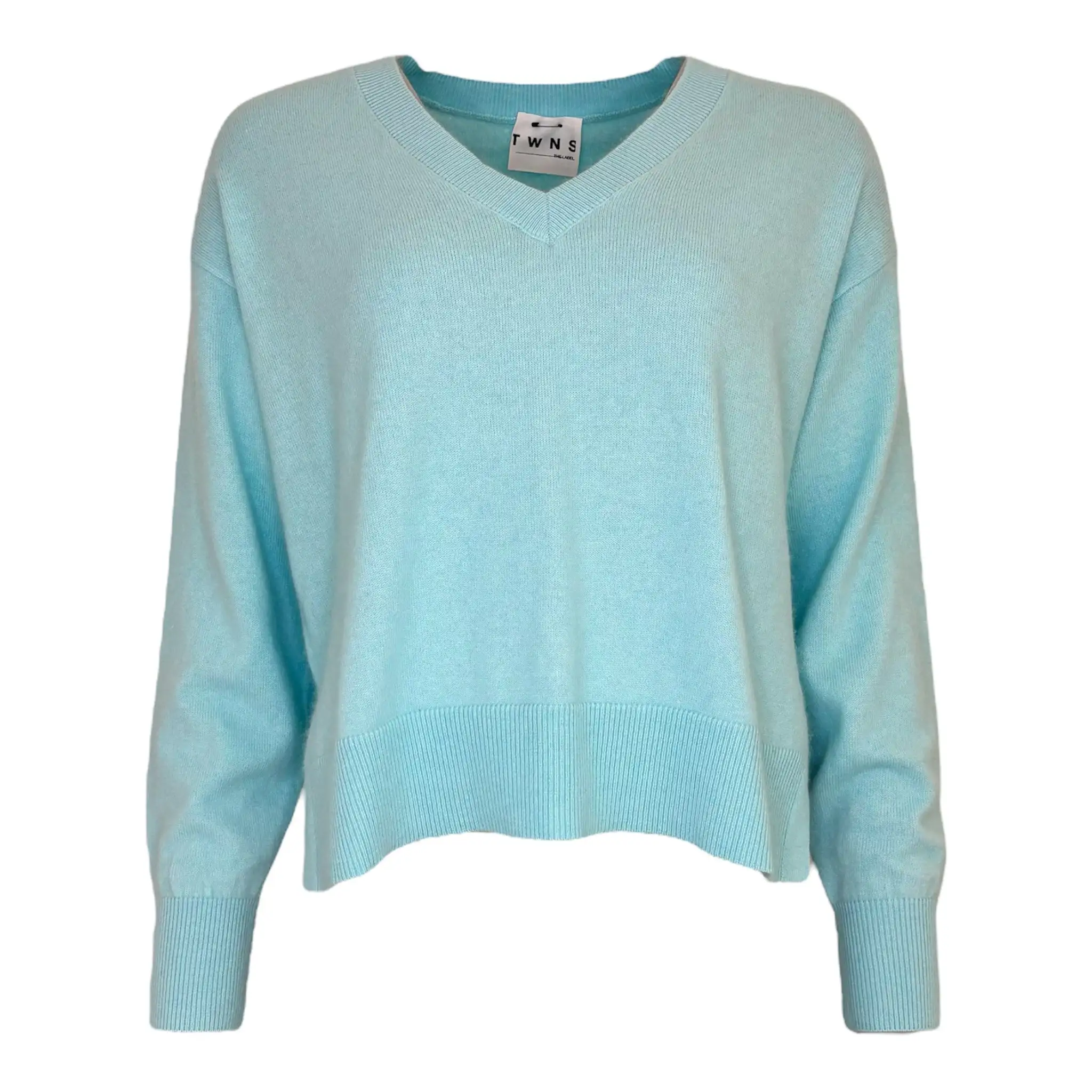 Long-Sleeved V-Neck Jumper With Slits - Aqua Blauw