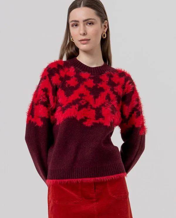 Round Neck Sweater with Jacquard - Maroon