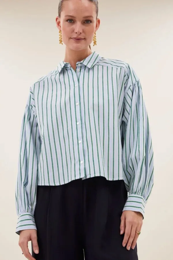 sarah short sea blouse - green sea stripe