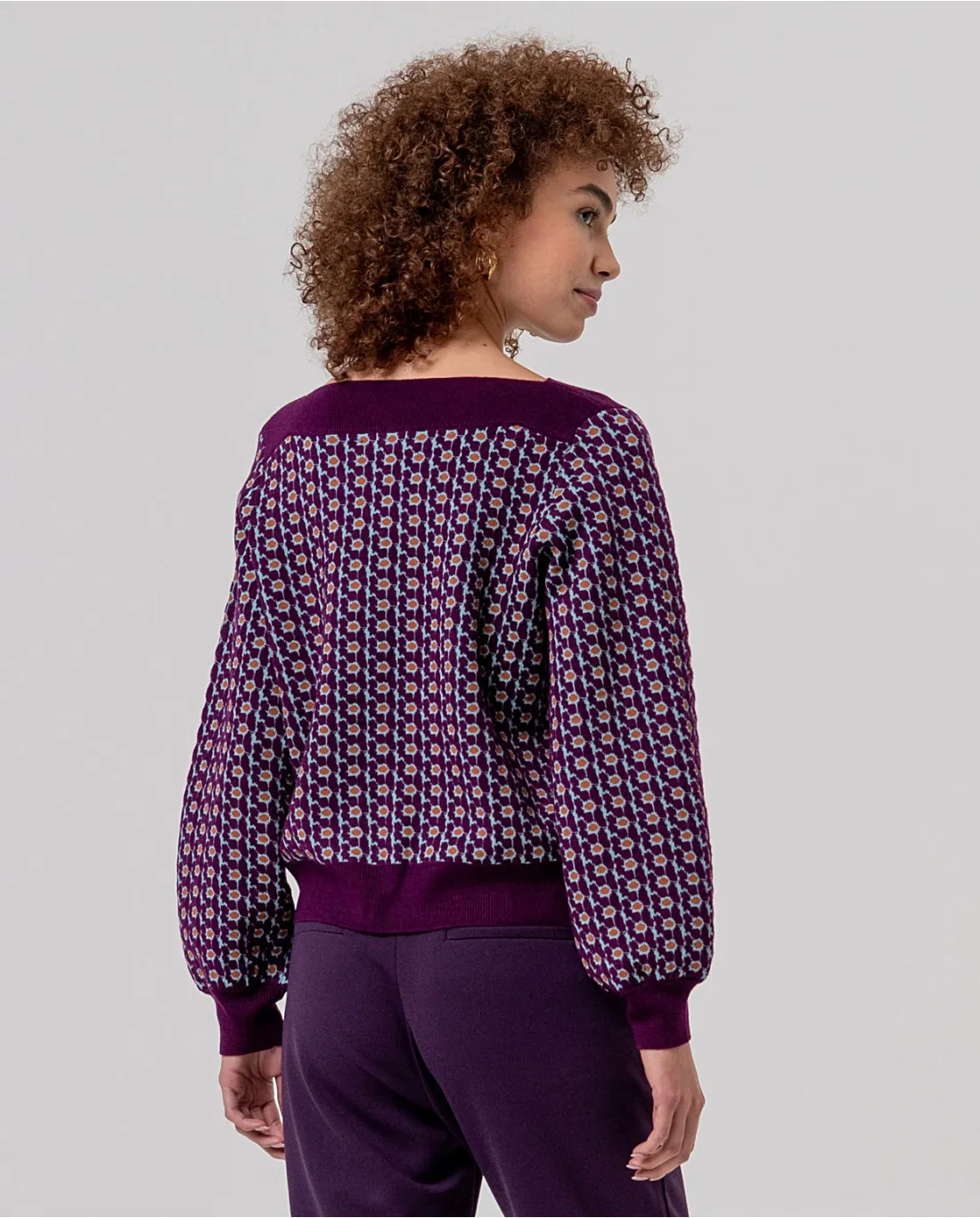 Boat Neckline Sweater with Jacquard - Paars - Afbeelding 2