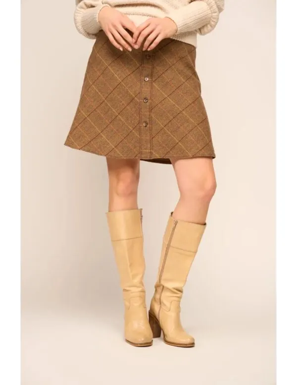 A-Line Button Skirt Tartan Tweed Caramel - Bruin