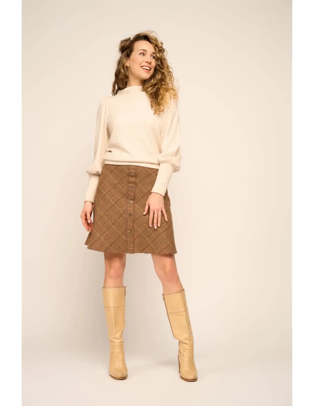 A-Line Button Skirt Tartan Tweed Caramel - Bruin - Afbeelding 4